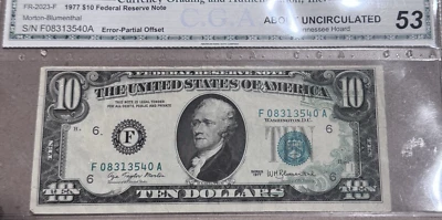 1977 $10 Federal Reserve Note  Partial Offset Reverse on Obverse - Image 1 of 2