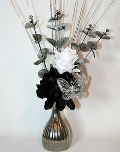 Artificial Flowers, Black & White Flower Arrangement in Small Silver Vase - Picture 1 of 1