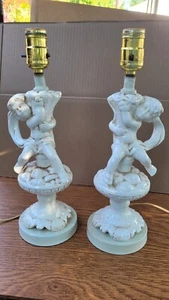 Vintage Pair Cherub Angel Table Lamps Left And Right Ceramic With Shades READ - Picture 1 of 10
