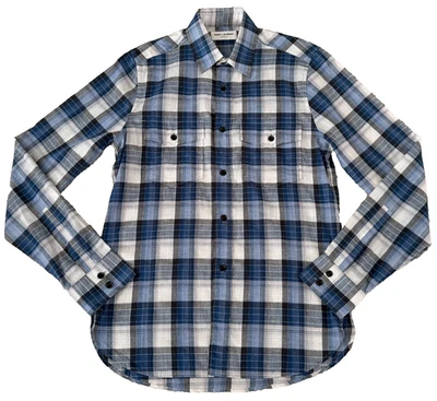 NUEVO CON ETIQUETAS Camisa Occidental Saint Laurent YSL Azul Blanco Cuadros Bolsillo en el Pecho 38 $1250 Foto 1 de 4
