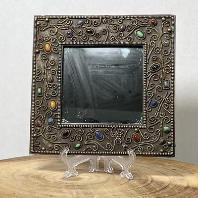 Ornate Jeweled Multicolor Glass Stone Framed  Mirror With Filigree Scrollwork 6” - Image 1 of 4
