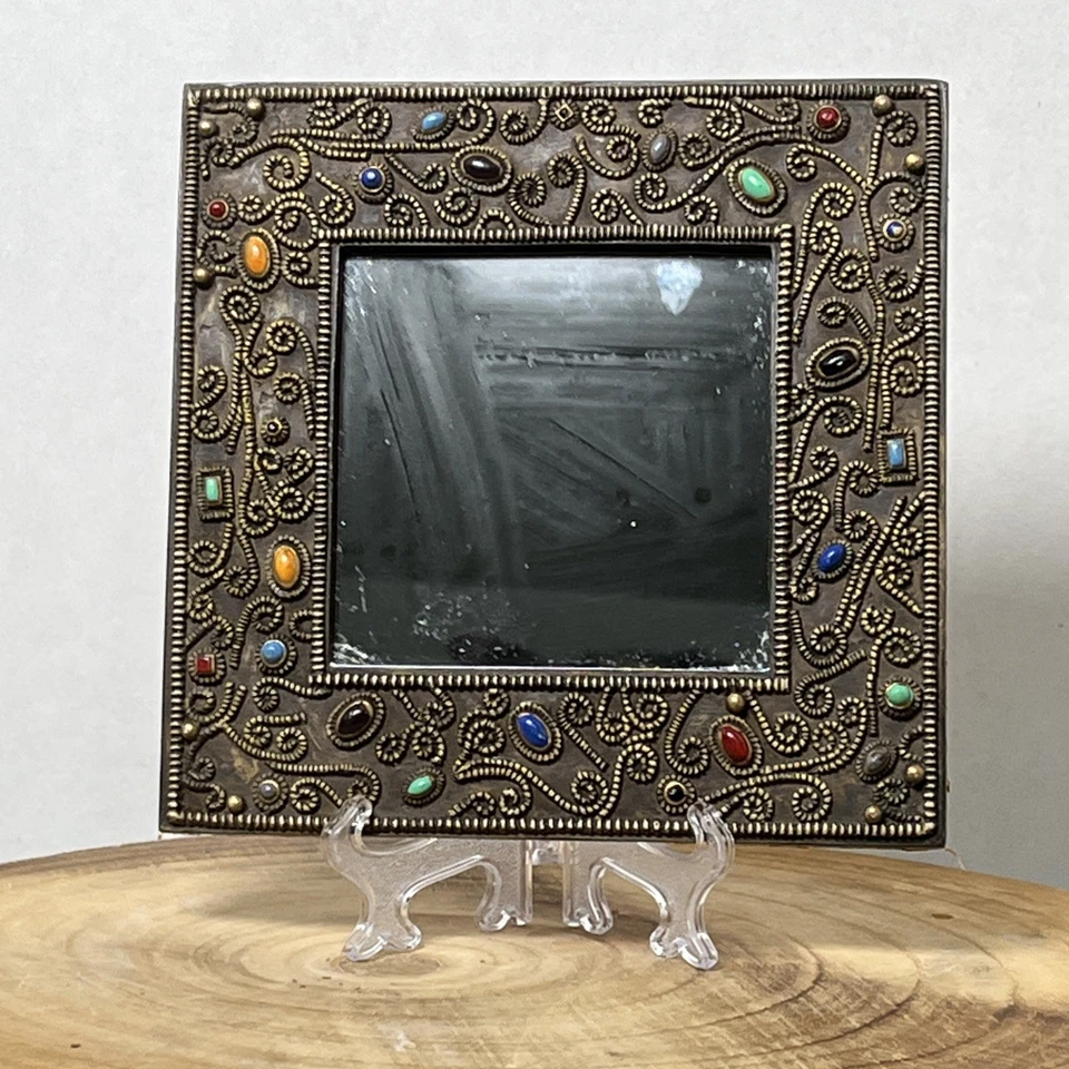 Ornate Jeweled Multicolor Glass Stone Framed  Mirror With Filigree Scrollwork 6” - Image 1 of 4