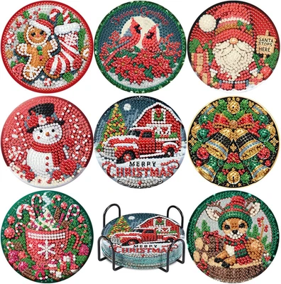 Kits de posavasos de pintura de arte de diamantes de Navidad de 8 piezas, montaña rusa de muñeco de nieve de invierno con H Foto 1 de 4