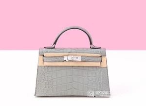 NEW HERMES GRIS CIMENT CROCODILE ALLIGATOR MINI KELLY II 20 POCHETTE BAG BABY - Picture 1 of 2
