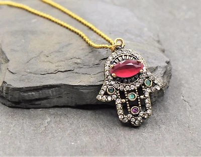 Damen Halskette Hamsa Fatimas Hand Anhänger Zirkonia in Gold Schutz Kette NEU - Bild 1 von 3