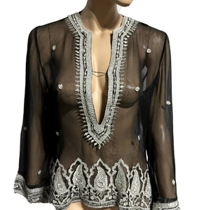 AQUA Brand Top 100% Silk Chiffon Sheer Black Silver Embroidered Paisley S / M - Picture 1 of 10