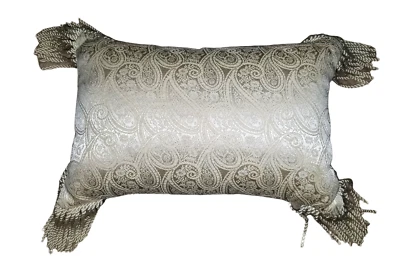 Vintage Throw Pillow Ivory Cream Paisley Decorative Damask  Accent Fringe - Image 1 of 4