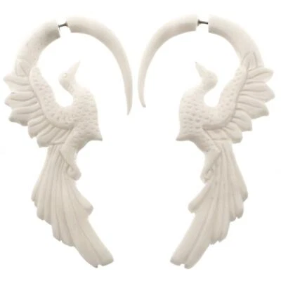 Pendientes de poste tallado pájaro pavo real hueso bisonte blanco calibre falso, 3 1/8" Foto 1 de 2