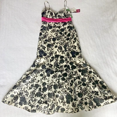 Y2K Prom Dress Satin Formal Black White Pink Floral Sz 10 Baby Doll Trumpet Glam - Image 1 of 4