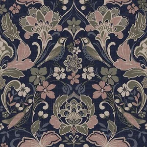 Papel Pintado Folclórico Floral Pájaros Flores Hojas Texturizado Vintage Damasco Azul Marino 946104 - Imagen 1 de 6