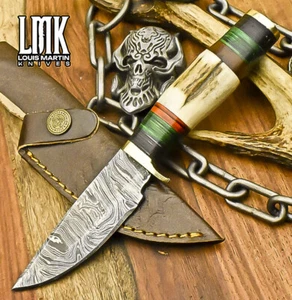 LMK Handmade Hunting Skinner Knife Twist Damascus Stag Antler Brass Guard Gift - Picture 1 of 9