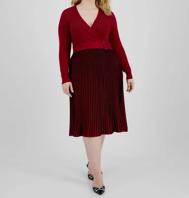 Signature by Robbie Bee Women's Red Pleated Surplice Belted Dress Plus Size 1X - Image 1 of 4