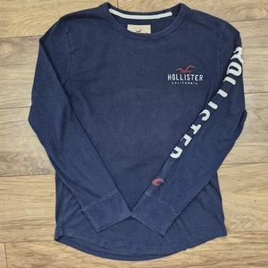 HOLLISTER T-Shirt Small Navy Blue Mens Round Neck Logo 100% Cotton Long Sleeve - Picture 1 of 5