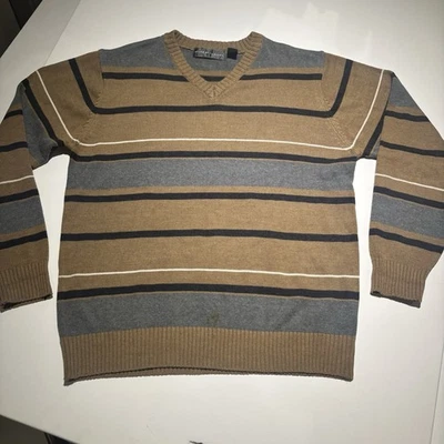 Suéter Oscar de la Renta Para Hombre L Rayas Cuello en V Marrón Gris - Mancha Foto 1 de 4