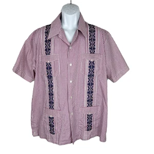 Haband Guyabera Button Up Shirt Men Large Red Striped Blue Embroidered S/S Tee - Picture 1 of 13