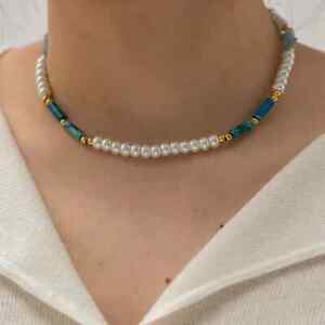 Blue Beaded Choker Necklace Adjustable Pearl Jewerly for Women Stainless Steel