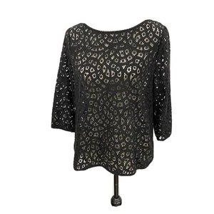 Ann Taylor Loft Black Blouse Lace Top size LP Long leeves - Picture 1 of 10