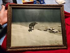 Antique Lone Wolf Picture  Wierusz Winter Snow Old Wood Framed Print 14x17" Vtg