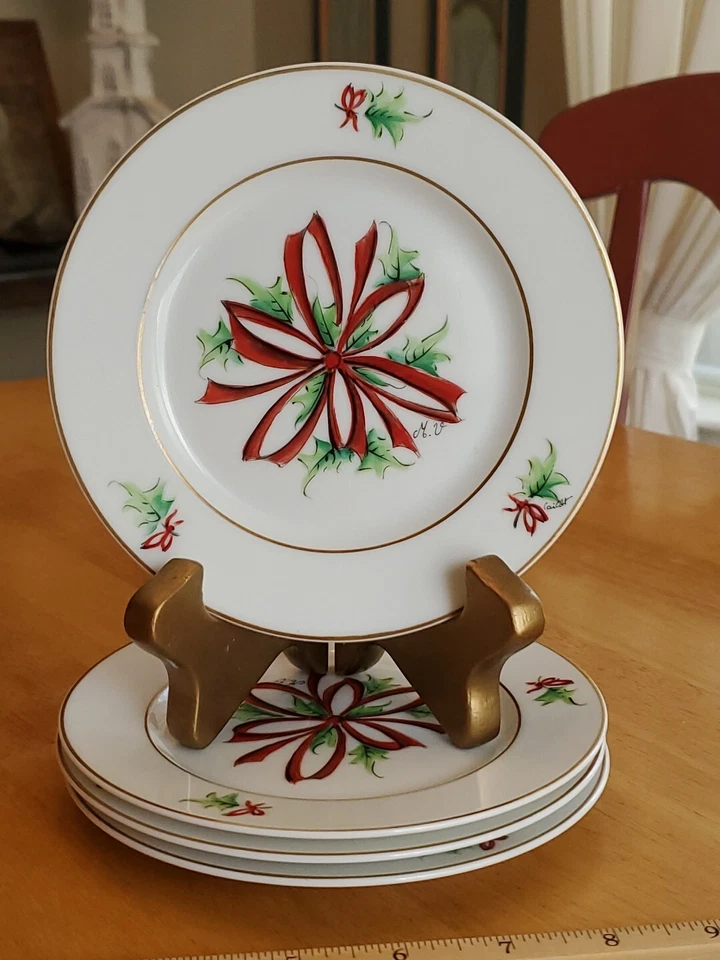 Juego de 4 platos de pan/mantequilla Limoges Francia 6" arcos de Navidad y holly firmados usados en excelente estado Foto 1 de 4