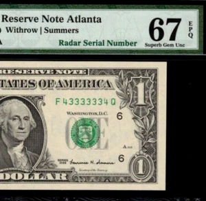 1999 $1 Federal Reserve Note PMG 67EPQ fancy super radar serial number 43333334 - Picture 1 of 3