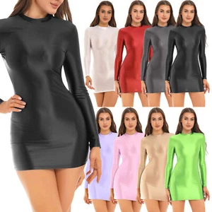 UK Womens Oily Glossy Mini Dress Long Sleeve Bodycon Dress Stretchy Rave Party - Picture 1 of 110