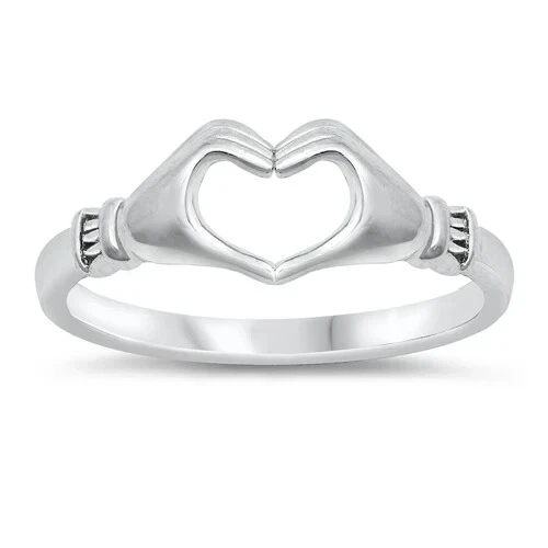 Heart Hands Ring Sterling Silver 925 Rhodium Plated Face Height 7 mm Size 4 - 12 - Image 1 of 1