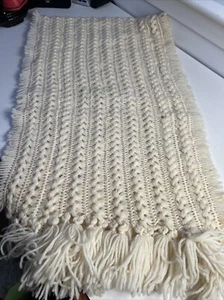 Vintage 60"/17 “ Off White / Ivory Crocheted BOHO Fringed Shawl / Wrap - Picture 1 of 6