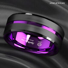 8mm Black Tungsten Carbide Thin Purple Line Wedding Band Ring ATOP Men's Jewelry