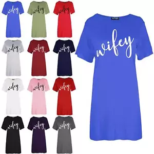 Womens WIFEY Print Short Sleeve Tunic Tee Baggy T-Shirt Longline Ladies Pj Dress - Picture 1 of 20