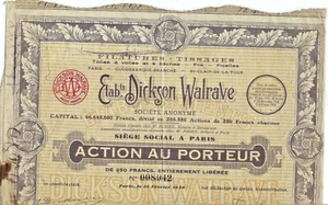 Actions - titres N°13 Dickson Walrave Filatures-Tissages 250 Francs 1928 - Imagen 1 de 1