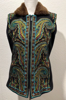Bob Mackie Wearable Art Embroidered Vest w Faux Fur Collar Size S Zip Womens - Image 1 of 4