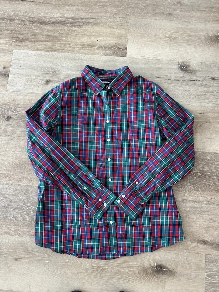Lands’ End Kids Youth 12 No Iron Supima Plaid Button Down Shirt Red Green Blue - Image 1 of 4