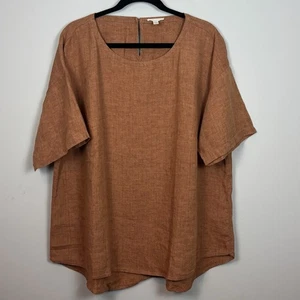 Eileen Fisher Brown 3/4 Sleeve 100% Organic Linen Woven Blouse Womens 1X Classic - Picture 1 of 8