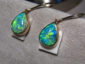 Thick Gem Grade  opal earrings   , Solid 14 k yellow Gold - Picture 1 of 14