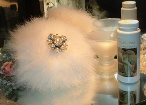 Big Down Feather Trimmed Puff w/ Perfumed Body Dusting Powder & Stand Vanity Set - Picture 1 of 6