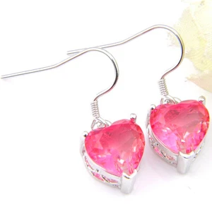 Love Heart Watermelon Bi Color Tourmaline Gemstone Silver Dangle Hook Earrings - Picture 1 of 6