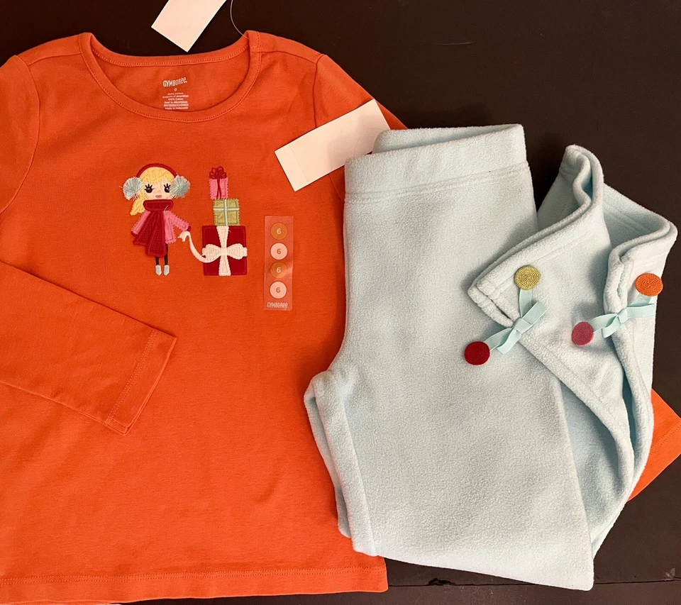 NWT Girls 6 Gymboree COZY CUTIE Light Blue/Orange Fleece YOGA PANTS & Top 2pc - Image 1 of 4