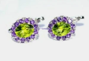 Natural Peridot & Amethyst Gemstones with 925 Sterling Silver Cufflinks #843 - Picture 1 of 3