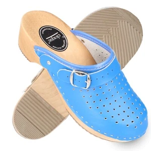 Damen Leder Holz Clogs Blau Holzschuhe Pantoletten Sandalen Gr. 35 cloque - Bild 1 von 9