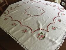 Vintage Hand Embroidered Roses Tablecloth