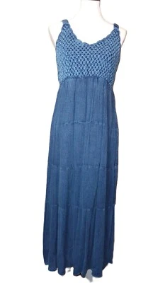 NWOT Lightweight Denim Tiered Maxi Dress Sz Med. Tiered Crochet bodice, lined - Image 1 of 4