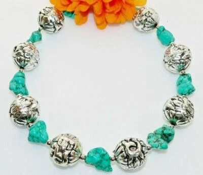 pompöse Halskette Kette  Struktur Perle silber Türkis Nuggets 318m - Bild 1 von 4