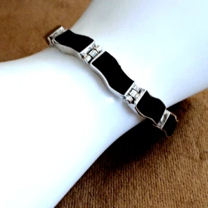 925 Sterling Silver Black ONYX Inlay Wave Panel Link Bracelet ~ 6.5"  ~ 23.68g - Picture 1 of 12