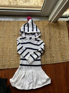 Baby GAP Girls Toddler Size 4 Knit Navy /White Purple Pom Pom Hooded Dress - Picture 1 of 6