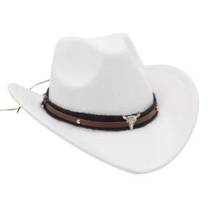 Western Cowboy Hat Roll Brim Cow Head Belt Felt Bucket Hat Cowgirl Cap - Picture 1 of 15
