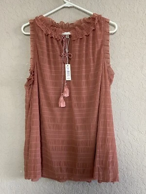 Women's MAX STUDIO Mesh Ruffle Split Neck Tie Front Tank Size: 1X   Cedarwod - Image 1 of 4