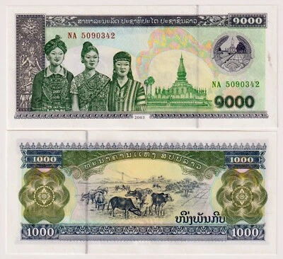 LAOS 1000 KIP 2003 - P-32Ab - UNC  BANKNOTE - Pha That Luang Pagoda / Cattle Foto 1 de 3