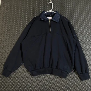GAME Workwear Navy Blue 1/4 Zip Sweatshirt with Denim Collar & Elbow Patches 2XL - Picture 1 of 8