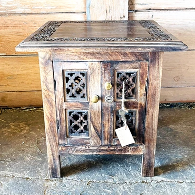 Oriental Knock Down Handcarved Wooden Table Storage Space Doors Lock Coffee Side - Image 1 of 4