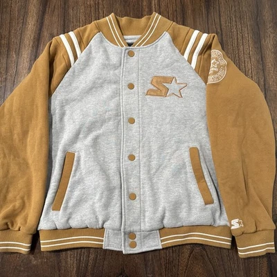 Chaqueta Universitaria Starter Auténtica Gris Bronceada Abotonada Talla Grande Bordada Foto 1 de 4